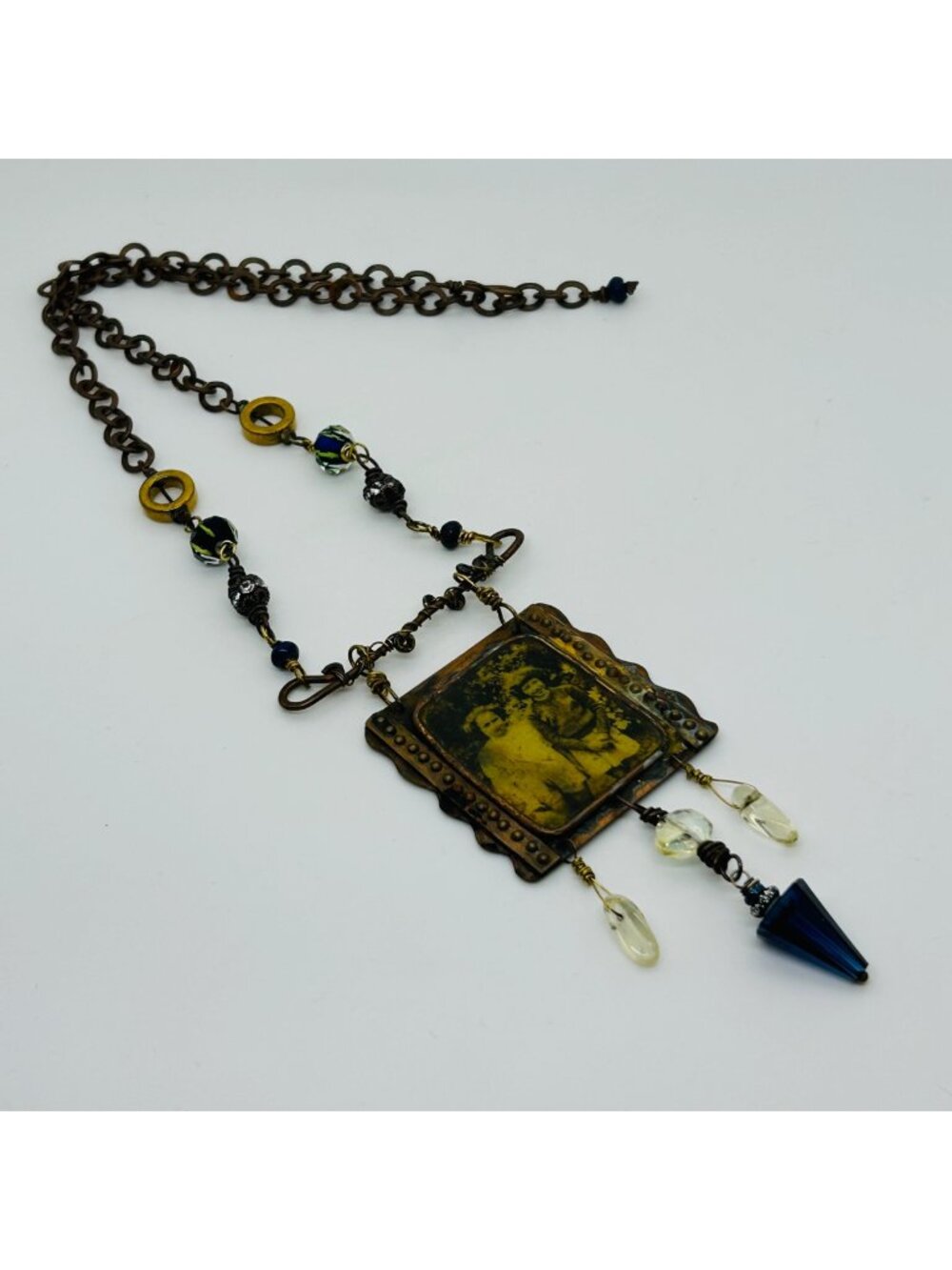 Handmade Photo Pendant Necklace Brass Tone Blue Black Charm Beaded Chain Vintage